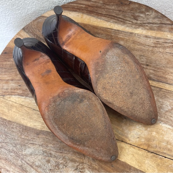 Vintage l 50s 7 Rockabilly Alligator Skin Leather Sole Pointed Toe Stilleto Heel